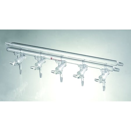 Synthware MANIFOLD, VACUUM/INERT GAS, ALL GLASS, 4 PORT, 375mm, 3 HOSE M451004